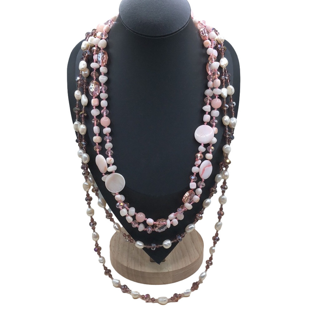 Mop, crystals and cultured pearls extra long flapper necklaces boho statement